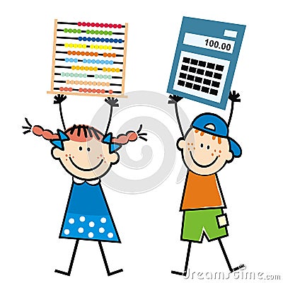 Little kids hold abacus and calculator, eps. Vector Illustration