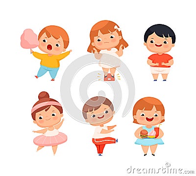 Little Kids with Overweight and Body Fat Engaged in Different Activity Vector Set Vector Illustration