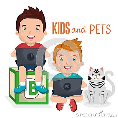 Little kids with pets characters Vector Illustration