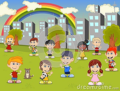 Little kids playing in the city park with rainbow cartoon Vector Illustration