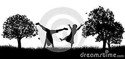 Little Kids Playing in Park Outdoors Silhouette Vector Illustration