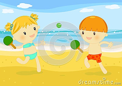 Little kids playing rackets on the beach Stock Photo