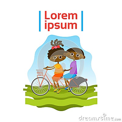 Little Kids Riding Tandem Bicycle African American Children Sport Hobby Vector Illustration