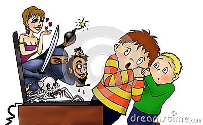 Little kids scared by internet lineart. Stock Photo