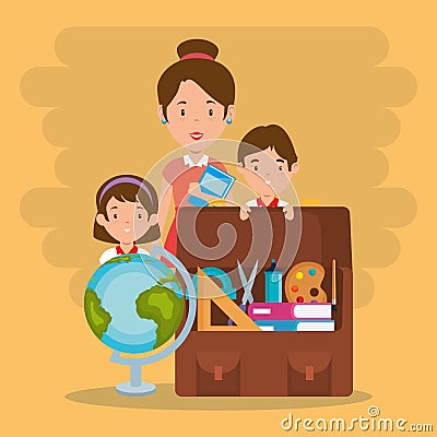 Little kids with school supplies and teachers Vector Illustration