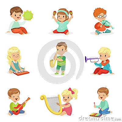 Little kids sitting and playing musical instrument, set for label design . Cartoon detailed colorful Illustrations Vector Illustration