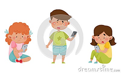 Little Kids with Smartphones and Frustrating Expression on Their Faces Vector Illustrations Set Vector Illustration