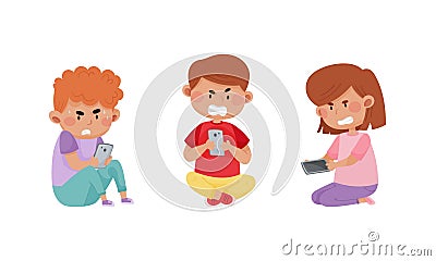 Little Kids with Smartphones and Frustrating Expression on Their Faces Vector Illustrations Set Vector Illustration