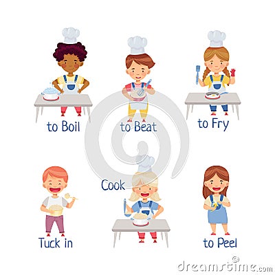 Little Kids Standing at Kitchen Table and Cooking Learning Verbs Vector Set Stock Photo