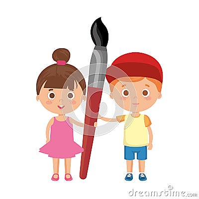 Little kids students couple with paint brush Vector Illustration
