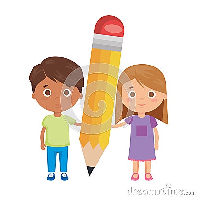 Little kids students couple with pencil Vector Illustration