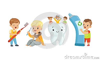 Little Kids Taking Care of Tooth Purity Brushing it With Toothbrush Vector Illustration Vector Illustration