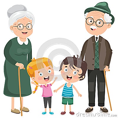 Little Kids With Their Grandparents Vector Illustration