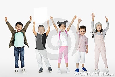 Little Kids Together Show Blank Paper Copy Space Studio Portrait Stock Photo