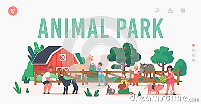 Little Kids Visit Contact Zoo Landing Page Template. Children Feeding Animals, Petting Domestic Llama, Rabbits, Piglet Vector Illustration