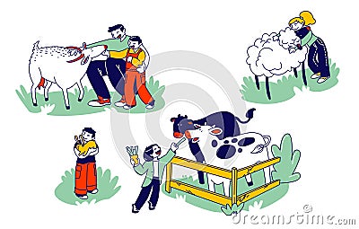 Little Kids Visit Farming Zoo with Parents. Children Characters Petting Domestic Animals Care of Cows, Sheep, Rabbits Vector Illustration