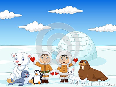 Little kids wearing traditional eskimo costume with arctic animals Vector Illustration