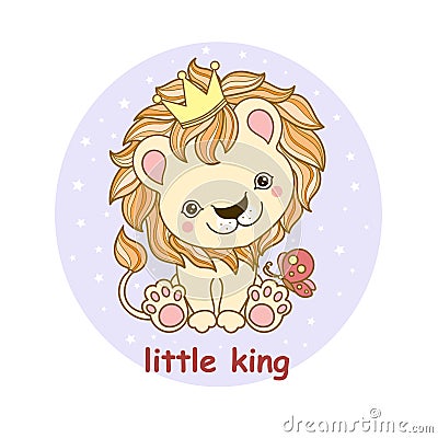 Little king. Cute little cartoon lion. Children's design. Vector Vector Illustration