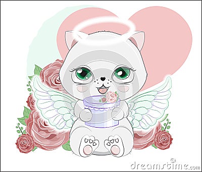 Little kitten angel wifh gift in rose Vector Illustration