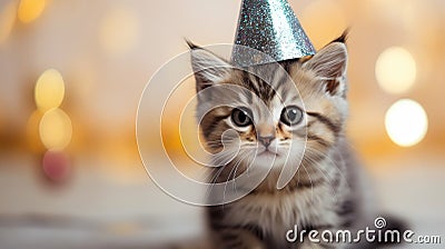 A little kitten celebrates his birthday, Christmas or New Year Stock Photo