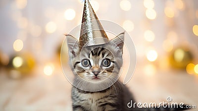 A little kitten celebrates his birthday, Christmas or New Year Stock Photo