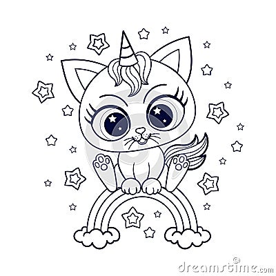 Little kitten unicorn on a rainbow. Black and white, linear drawing. Vector Vector Illustration