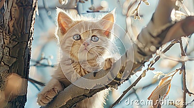 little kittens nestled on a tree, mimicking leaves against the backdrop of the sky in spring. Stock Photo