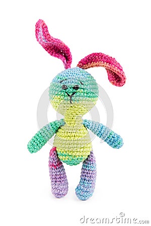 Little knitted bunny on a white background Stock Photo