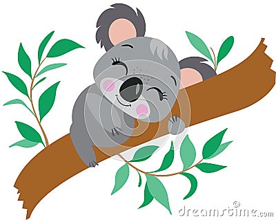Little koala sleeping on eucalyptus branch Vector Illustration