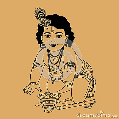 Little Krishna with plate Vector Illustration