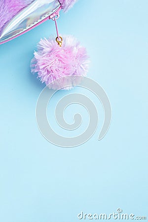 Little Ladies, Soft Pink Female Bag on blue Pastel Background, Top View. Concept Flat. Fashion Accessories. Copy Space. Stock Photo