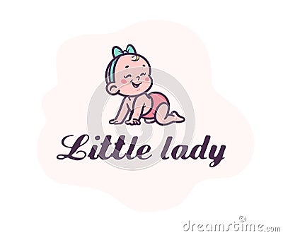 Little lady logotype with cute small baby girl silhouette in head bow crawl laughing isolated on white background. Vector Illustration