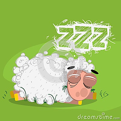 Little lamb sleeping in a meadow, funny cartoon character Stock Photo
