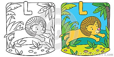 Little lion coloring book. Alphabet L Vector Illustration