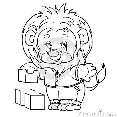 Little lion cub dressed in clothes plays with cubes, outline drawing, isolated object on a white background, Vector Illustration