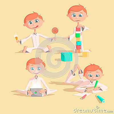 Little lovely baby boy playing with toys. Kid builds house from cubes. draws pencils. plays a pad. eats sweets Colorful vector Vector Illustration