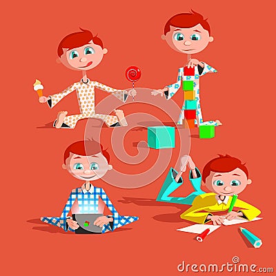 Little lovely baby boy playing with toys. Kid builds house from cubes. draws pencils. plays a pad. eats sweets Colorful vector ill Vector Illustration