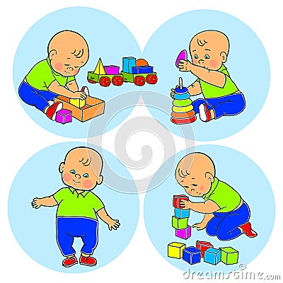 Little lovely baby boy playing with toys. Kid plays with pyramid Vector Illustration