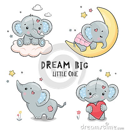 Little lovely elephant collection.Nursery poster. Vector Illustration