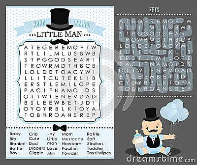 Little man party game first birthday, baby shower Word search puzzle. Cute blue and white vintage. Vector Illustration