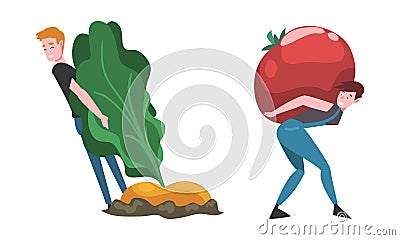 Little Man and Woman Carrying Huge Tomato and Pulling Turnip Out of Ground Vector Set Vector Illustration