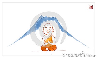 Little meditating buddhist monk in orange robe and blue Fujiyama mountain on white background. Traditional oriental ink Vector Illustration