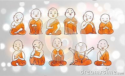 Little meditating buddhist monks in orange robes on white glowing background. Vector Illustration