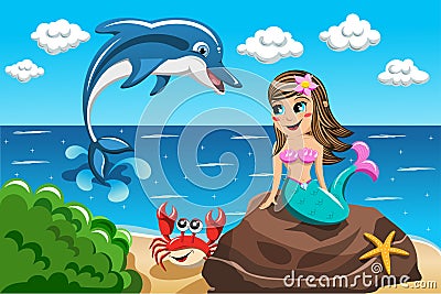 Little Mermaid watching jumping dolphin Vector Illustration