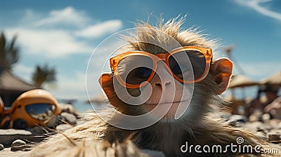 Little monkey on the beach on vacation resting, close-up face. AI generated Stock Photo