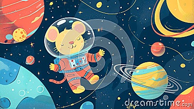 little mouse astronaut, space background for kids with planets and stars cartoon illustration Cartoon Illustration