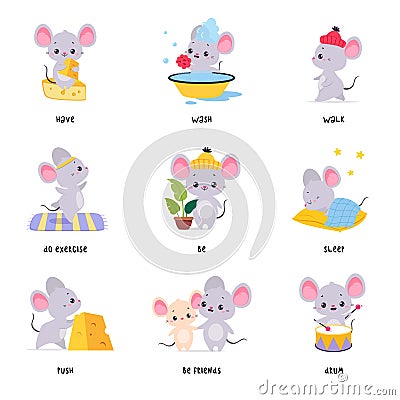 Little Mouse Demonstrating English Verbs for Educational Activity Vector Set Vector Illustration
