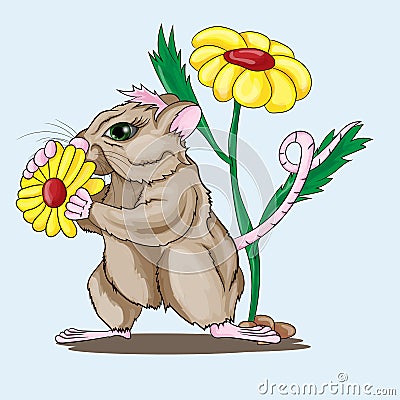 Little mouse holds a flower Vector Illustration