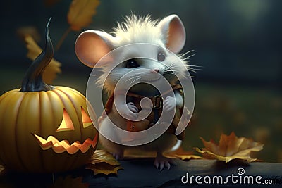 little mouse hugs Halloween pumpkin, Generative AI Stock Photo