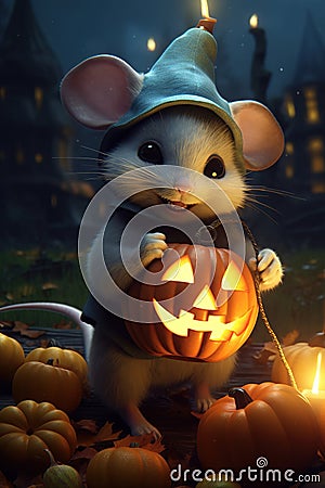 little mouse hugs Halloween pumpkin, Generative AI Stock Photo